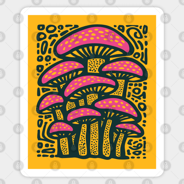 Psychedelic Mushroom Forest - Trippy Fungi Linocut Sticker by TuncGK